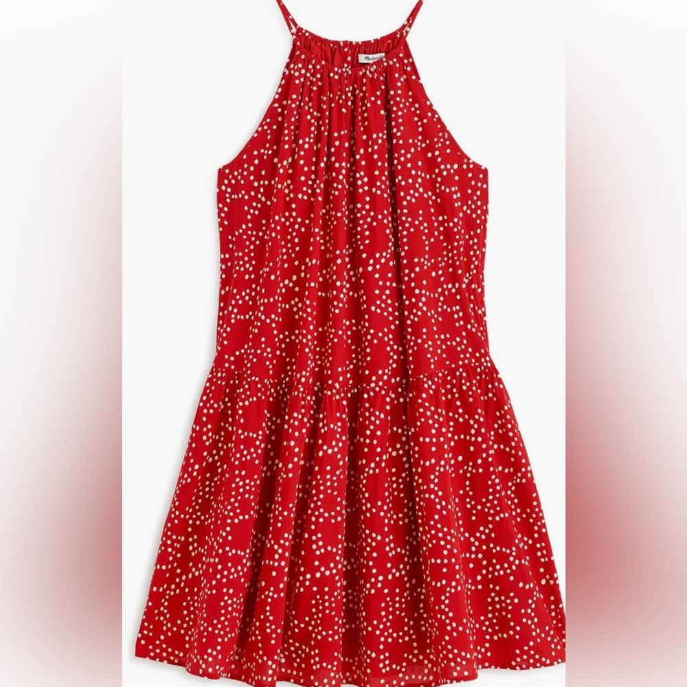 Madewell Women’s Drop-Waist Mini Festival Red and White Pockets Dots Dress